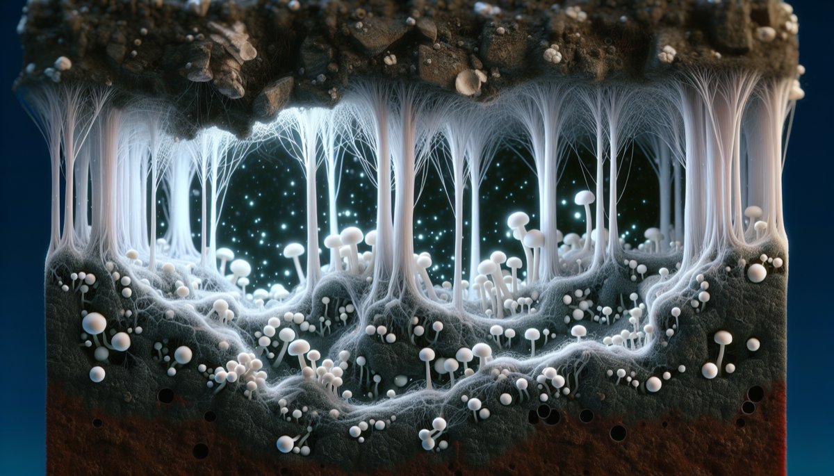 Mycorrhizal networks link plant roots through fungal hyphae — nutrient transfer, signaling, and forest-scale cooperation. Dense synthesis with soil-cluster links, Kew anchor, and peer-reviewed mechanisms (carbon, phosphorus, VOC signaling).